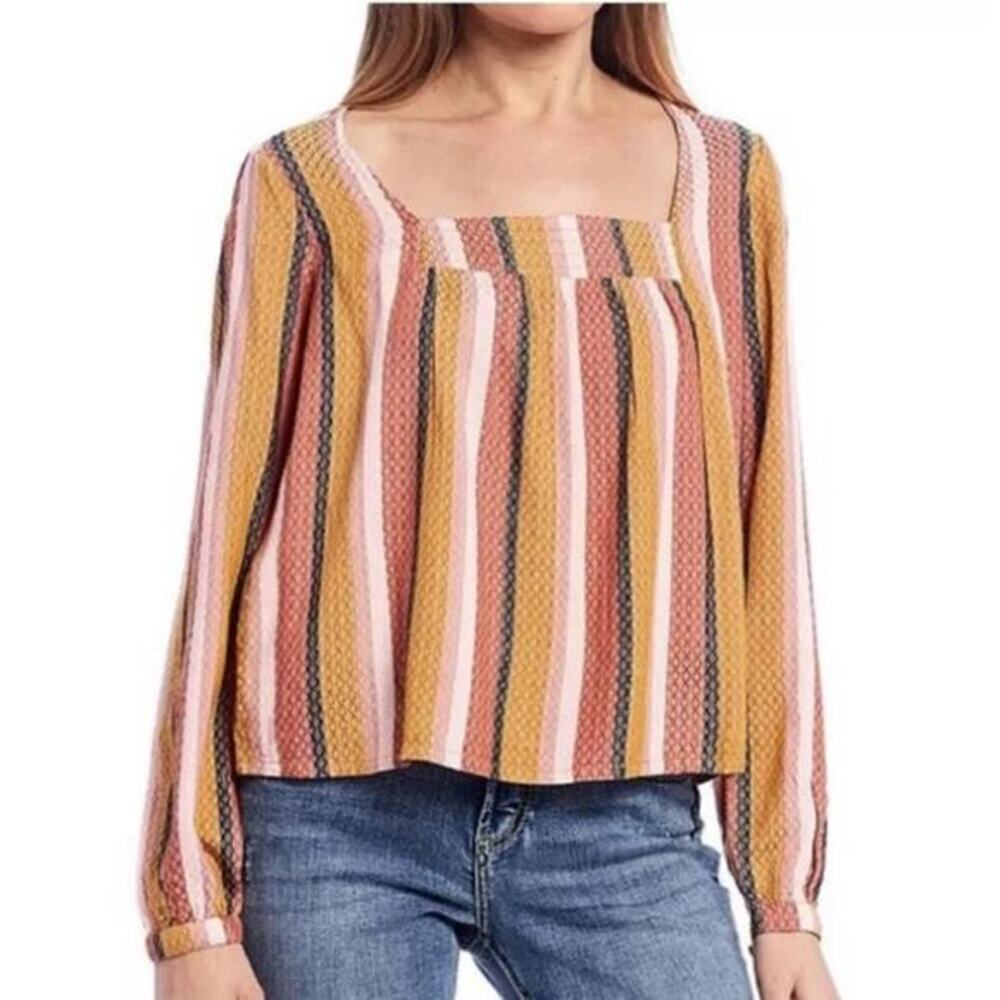 Roxy Women's Baja Striped Orange Red Square Neck Top Blouse Medium